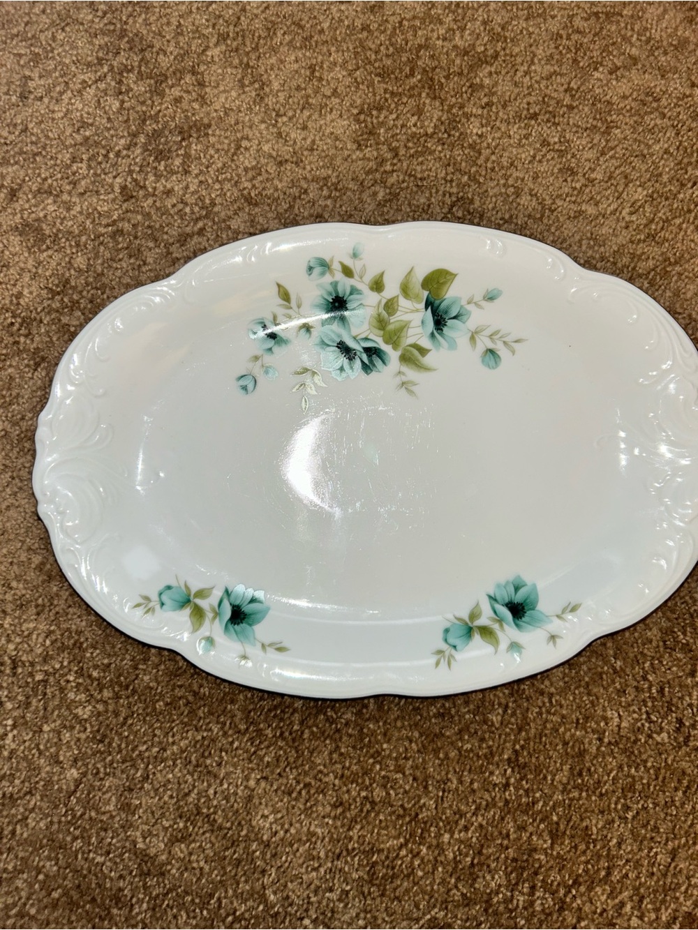 Wawel Poland Fine China Oval Serving Platter Silver Rim Floral Scalloped Edge